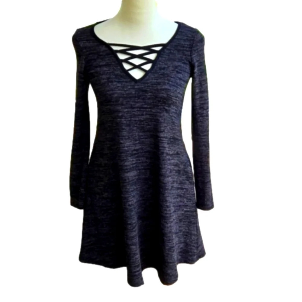 I.N. San Francisco Sweater Dress Women Juniors XS Gray Black Crisscross V-Neck